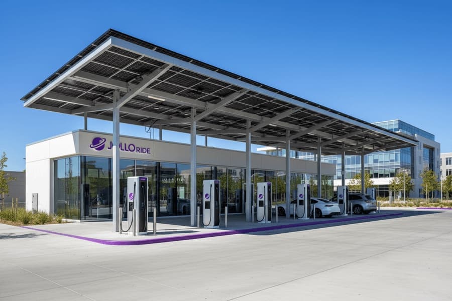 A Jollo charging hub with solar canopy and charging bays
